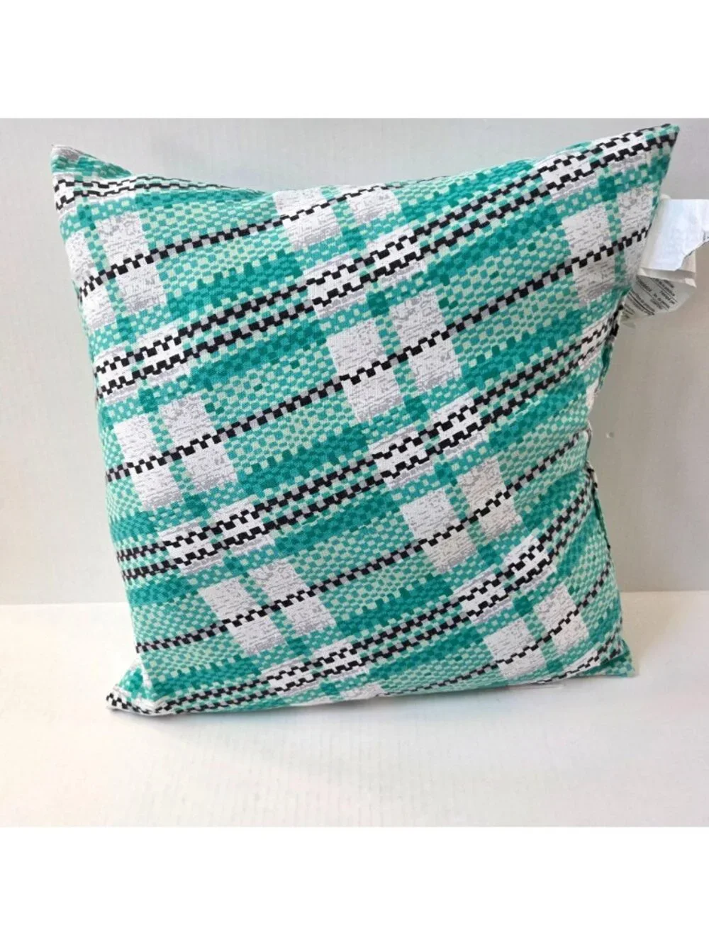 Crate & Barrel Pillow Paola Navone Turquoise Blue Green White Black Plaid 20X20